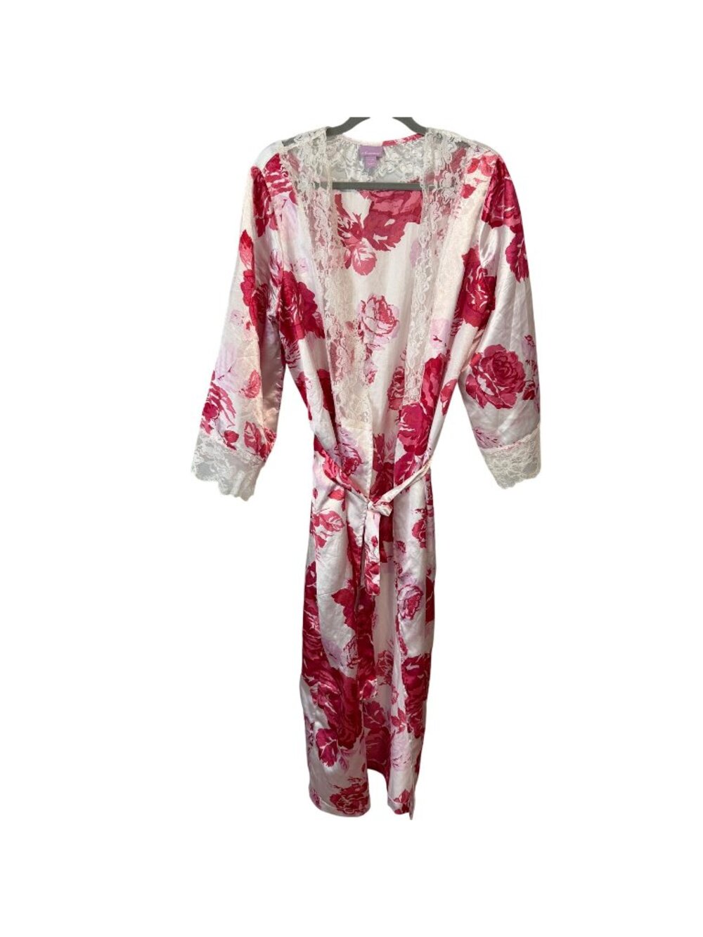 Amoureuse Women's Floral Lace Trim Satin Robe 14/16 Pink & White Rose Print
